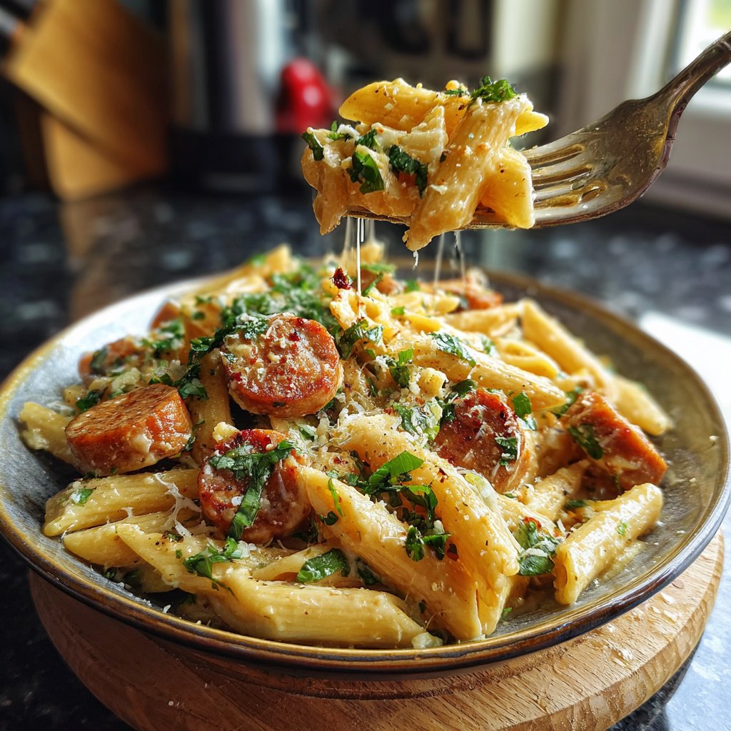 One Pot Creamy Garlic Cajun Sausage Pasta