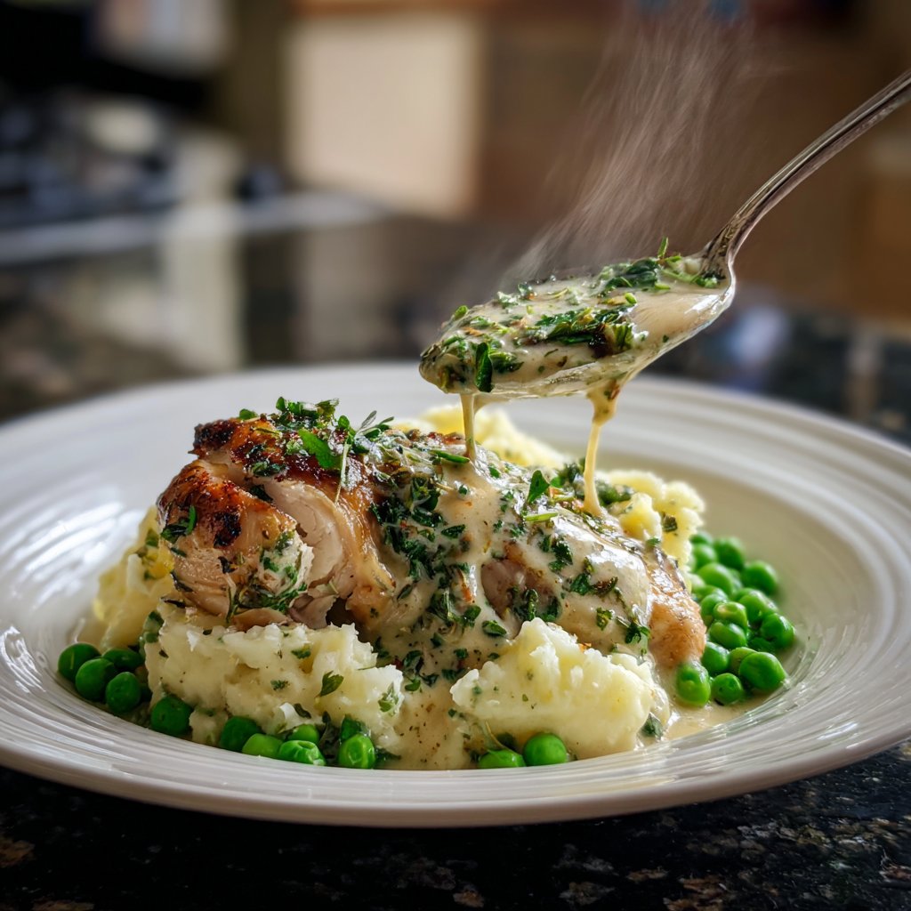 Creamy Herb Chicken with Mashed Potatoes and Peas